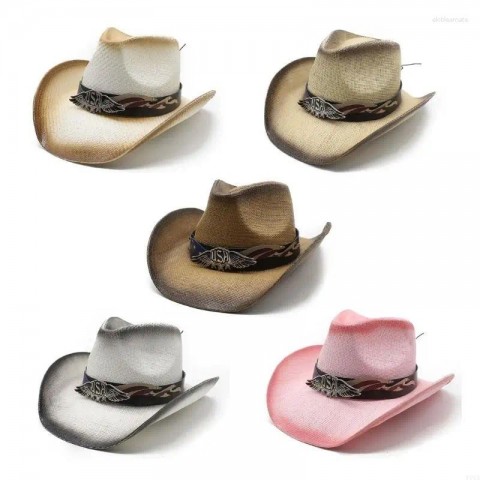 Y1UA Unisex Straw Cowboy Beret, Black Wide Brim for Men, Casual Wear