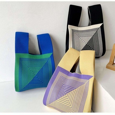 Plaid Handcrafted Soft Knit Tote Bag for Women | Mini Wristlet with Vibrant Patterns