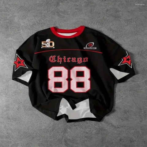 Men's Breathable Casual Shirts 2025 Summer V-Neck T-shirt with Chicago Letter Print