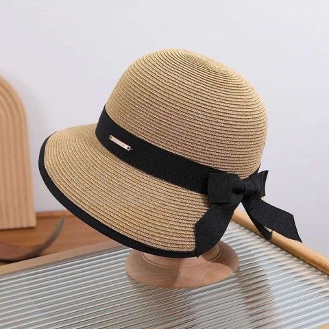 Elegant Women's Wide Brim Foldable Protection Straw Hat with Bow and Back Slit Design