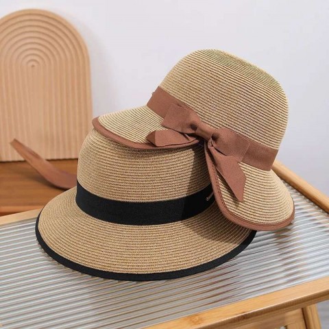 Elegant Women's Wide Brim Foldable Protection Straw Hat with Bow and Back Slit Design