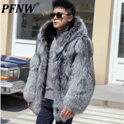 PFNW Men's Thick Faux Fox Fur Hooded Jacket - Loose Fit Gray Winter Coat