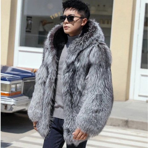 PFNW Men's Thick Faux Fox Fur Hooded Jacket - Loose Fit Gray Winter Coat
