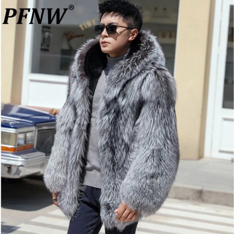 PFNW Men's Thick Faux Fox Fur Hooded Jacket - Loose Fit Gray Winter Coat