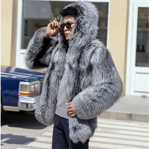 PFNW Men's Thick Faux Fox Fur Hooded Jacket - Loose Fit Gray Winter Coat