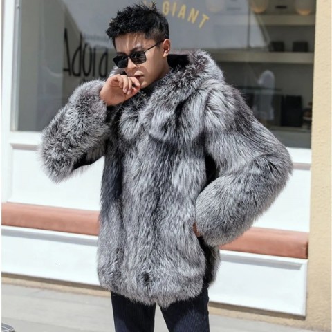 PFNW Men's Thick Faux Fox Fur Hooded Jacket - Loose Fit Gray Winter Coat