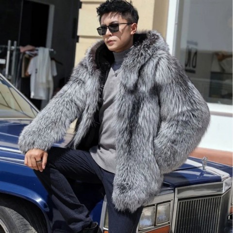 PFNW Men's Thick Faux Fox Fur Hooded Jacket - Loose Fit Gray Winter Coat