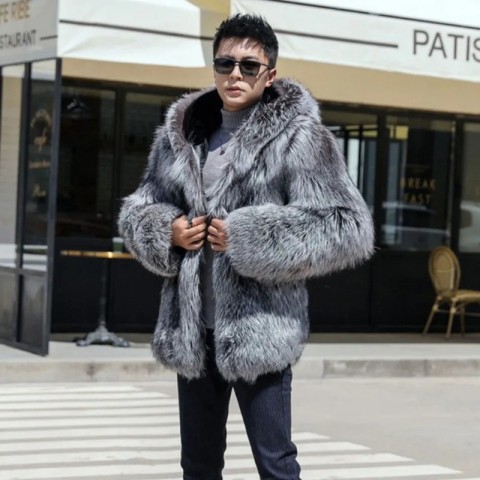 PFNW Men's Thick Faux Fox Fur Hooded Jacket - Loose Fit Gray Winter Coat