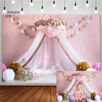 Baby Birthday Photo Backdrop - Pink Floral Design for Cake Smash Events