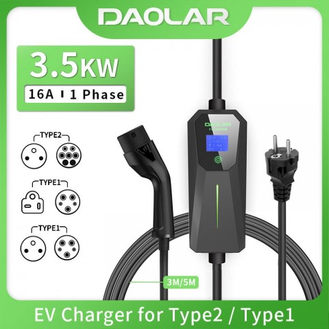 Daolar Portable 3.5KW 16A EV Charger with Type 2 & J1772
