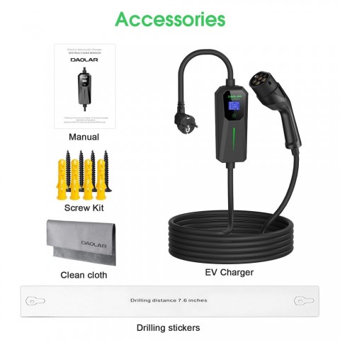 Daolar Portable 3.5KW 16A EV Charger with Type 2 & J1772