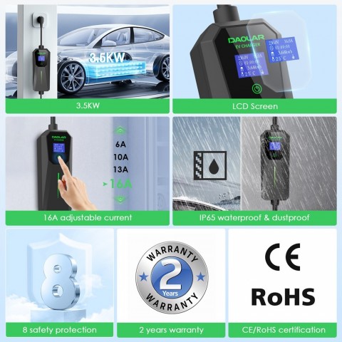 Daolar Portable 3.5KW 16A EV Charger with Type 2 & J1772