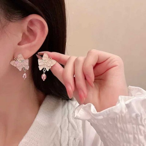 Elegant Imitation Pearl Butterfly Earrings - Women's Fashion Sweet Zircon Dangle Earrings