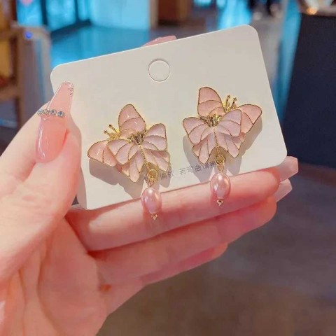 Elegant Imitation Pearl Butterfly Earrings - Women's Fashion Sweet Zircon Dangle Earrings