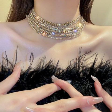 Fyuan Women's Luxury Multi-Layer Colored Crystal Gold Necklace with Water Diamond Elements