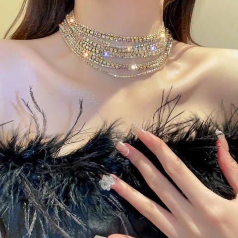 Fyuan Women's Luxury Multi-Layer Colored Crystal Gold Necklace with Water Diamond Elements