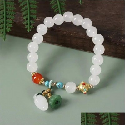Exquisite Beaded Lotus Bracelet for Women, White Jade Gourd Handstring Gift