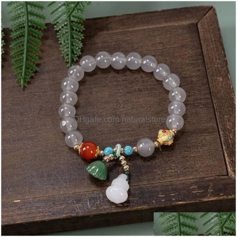 Exquisite Beaded Lotus Bracelet for Women, White Jade Gourd Handstring Gift