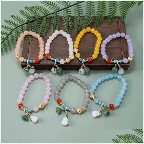 Exquisite Beaded Lotus Bracelet for Women, White Jade Gourd Handstring Gift