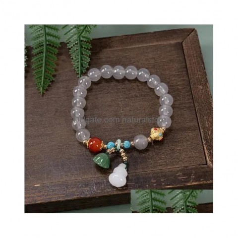 Exquisite Beaded Lotus Bracelet for Women, White Jade Gourd Handstring Gift