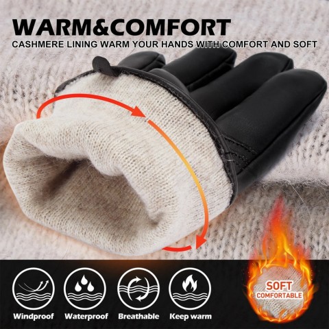 BISON DENIM Men's Warm Cashmere Lined Sheepskin Gloves for Winter Sports