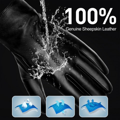 BISON DENIM Men's Warm Cashmere Lined Sheepskin Gloves for Winter Sports