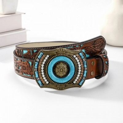 Bohemian Inspired Blue Diamond Embossed Genuine Leather Women's Belt 250519