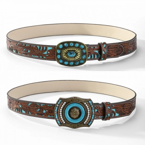 Bohemian Inspired Blue Diamond Embossed Genuine Leather Women's Belt 250519