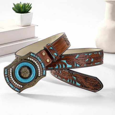 Bohemian Inspired Blue Diamond Embossed Genuine Leather Women's Belt 250519