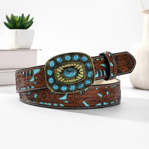 Bohemian Inspired Blue Diamond Embossed Genuine Leather Women's Belt 250519