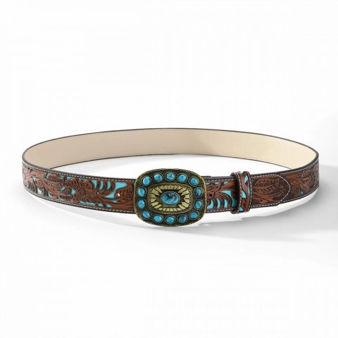 Bohemian Inspired Blue Diamond Embossed Genuine Leather Women's Belt 250519