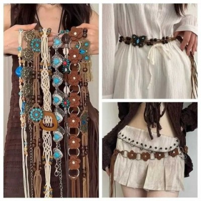 Butterfly Tassel Bohemian Waist Chain - Men's Golden PU Narrow Belt XJ250417