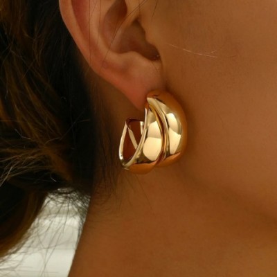 Stylish Gold Double Ring Hoop Earrings for Women - Thick Geometric Chunky Design 250121