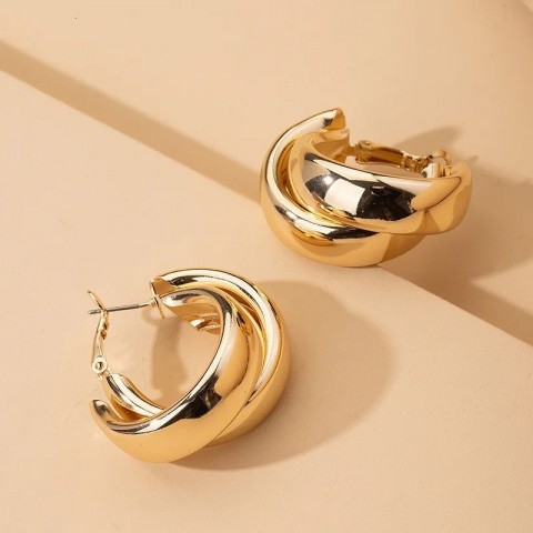 Stylish Gold Double Ring Hoop Earrings for Women - Thick Geometric Chunky Design 250121
