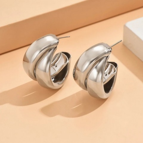 Stylish Gold Double Ring Hoop Earrings for Women - Thick Geometric Chunky Design 250121