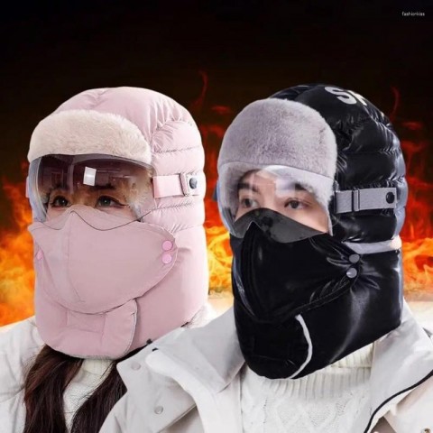 Unisex Plush Bomber Hat with Goggles - Warm Ski Cap for Outdoor Winter Sports