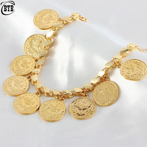 Charm Bracelet Women Gold Plated Punk Style Turkmen Flower Portrait Coin Bangle