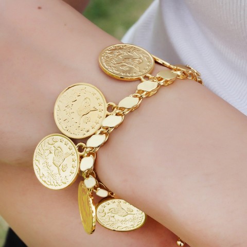 Charm Bracelet Women Gold Plated Punk Style Turkmen Flower Portrait Coin Bangle