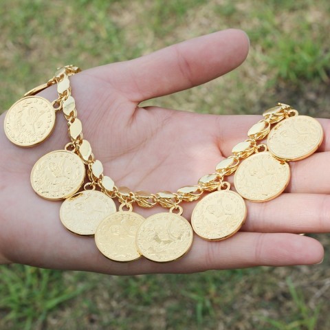 Charm Bracelet Women Gold Plated Punk Style Turkmen Flower Portrait Coin Bangle