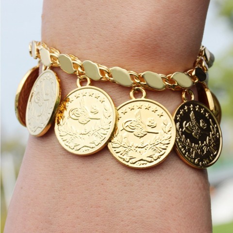 Charm Bracelet Women Gold Plated Punk Style Turkmen Flower Portrait Coin Bangle
