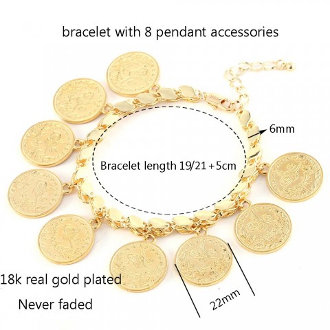 Charm Bracelet Women Gold Plated Punk Style Turkmen Flower Portrait Coin Bangle