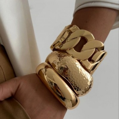 KunJoe Stylish Gold Wide Chain Bangle for Women and Men, Hip Hop Geometric Cuff Jewelry 250324