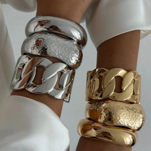 KunJoe Stylish Gold Wide Chain Bangle for Women and Men, Hip Hop Geometric Cuff Jewelry 250324