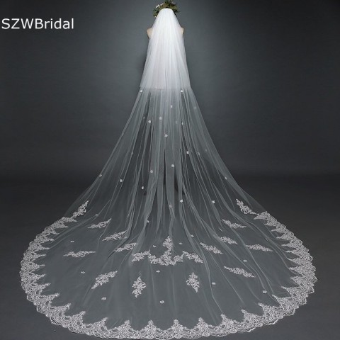 szwbridal White Ivory Cathedral Wedding Veils with Lace Edge for Women