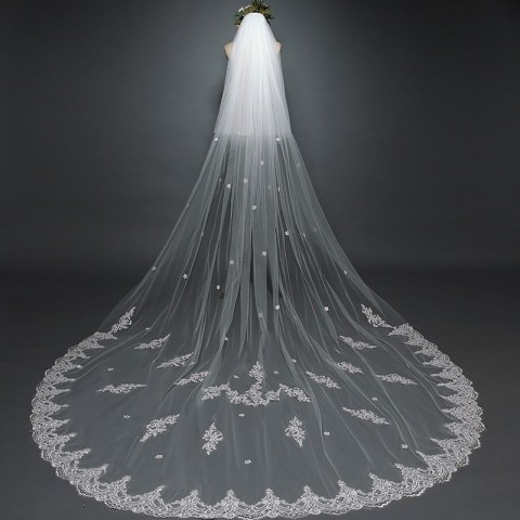 szwbridal White Ivory Cathedral Wedding Veils with Lace Edge for Women