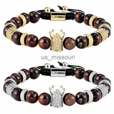Crown Beaded Tiger Eye Stone Bracelet Set J250509 Unisex