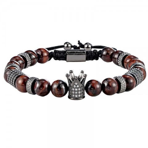 Crown Beaded Tiger Eye Stone Bracelet Set J250509 Unisex