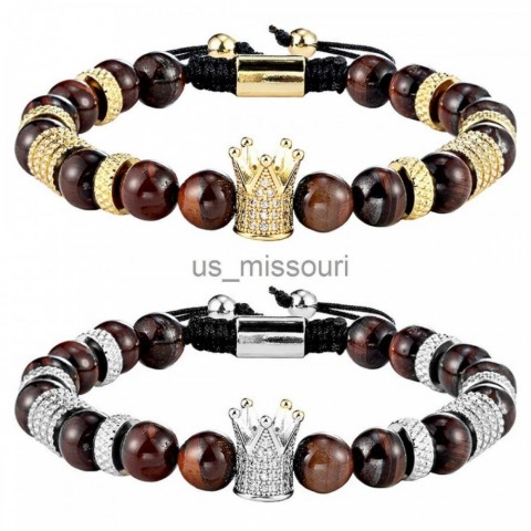 Crown Beaded Tiger Eye Stone Bracelet Set J250509 Unisex