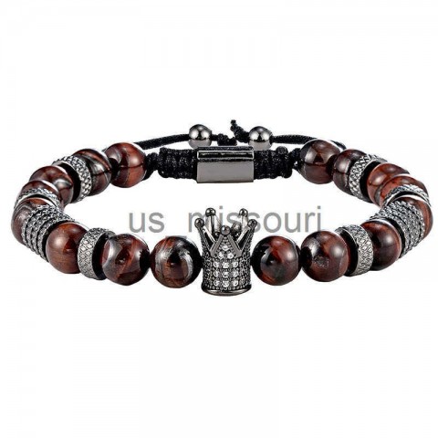Crown Beaded Tiger Eye Stone Bracelet Set J250509 Unisex