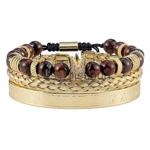 Crown Beaded Tiger Eye Stone Bracelet Set J250509 Unisex